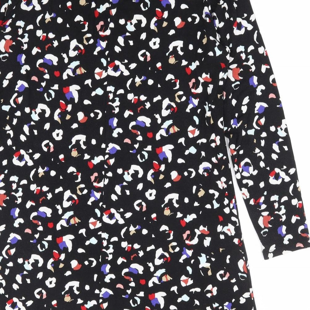 Marks and Spencer Womens Black Animal Print Viscose A-Line Size 14 Mock Neck Button - Rainbow Leopard Print