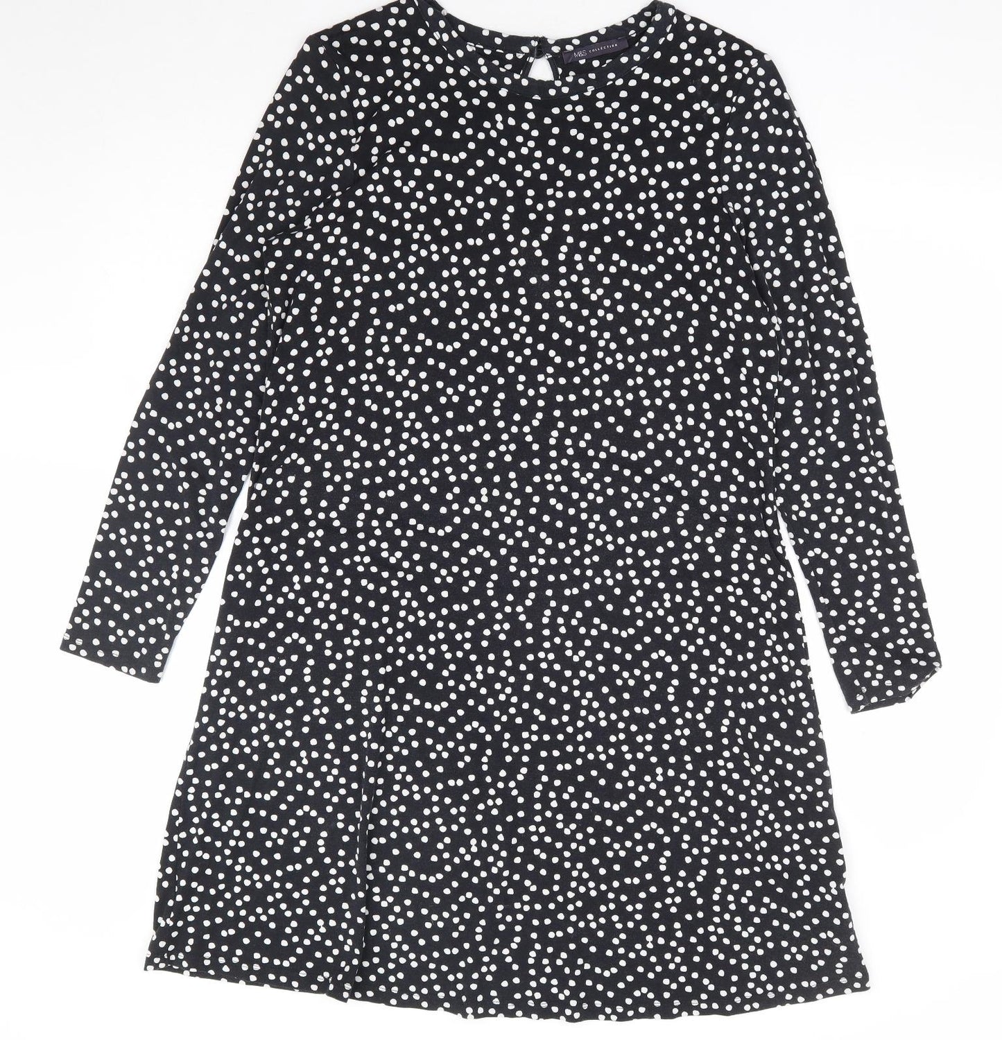 Marks and Spencer Womens Black Polka Dot Viscose A-Line Size 14 Round Neck Button
