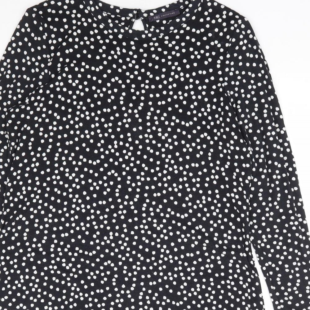 Marks and Spencer Womens Black Polka Dot Viscose A-Line Size 14 Round Neck Button