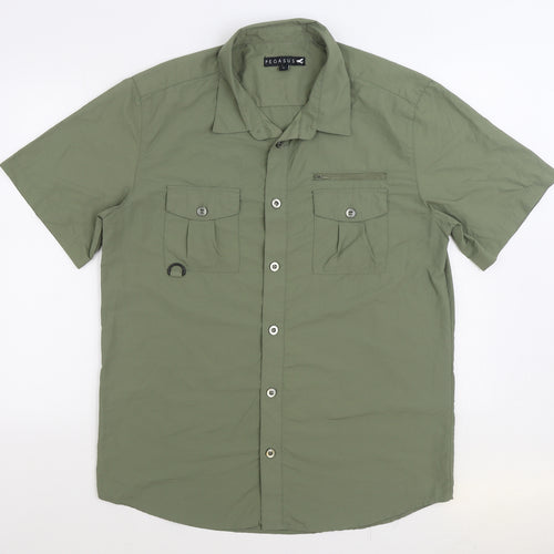 Pegasus Mens Green Polyester Button-Up Size M Collared Button