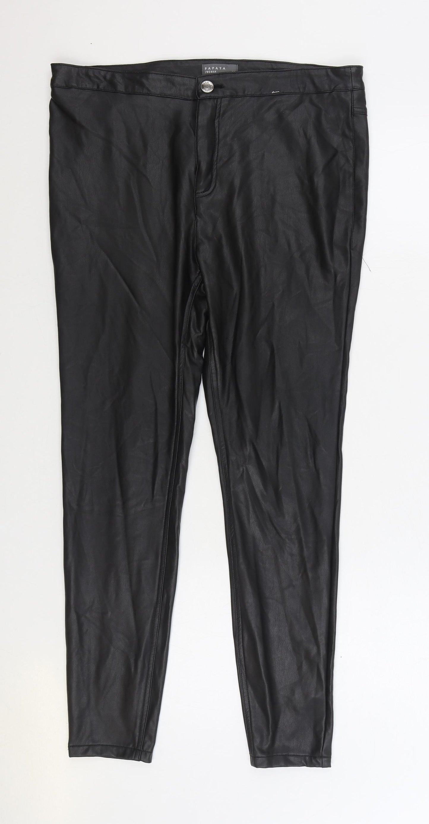 Papaya Womens Black Polyurethane Trousers Size 14 L27 in Regular Zip - Faux Leather