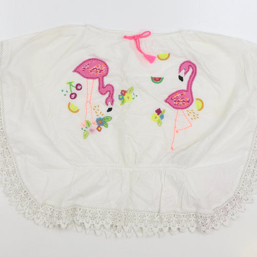 NEXT Girls White 100% Cotton Basic Blouse Size 7 Years Boat Neck Pullover - Flamingo Lace Trim