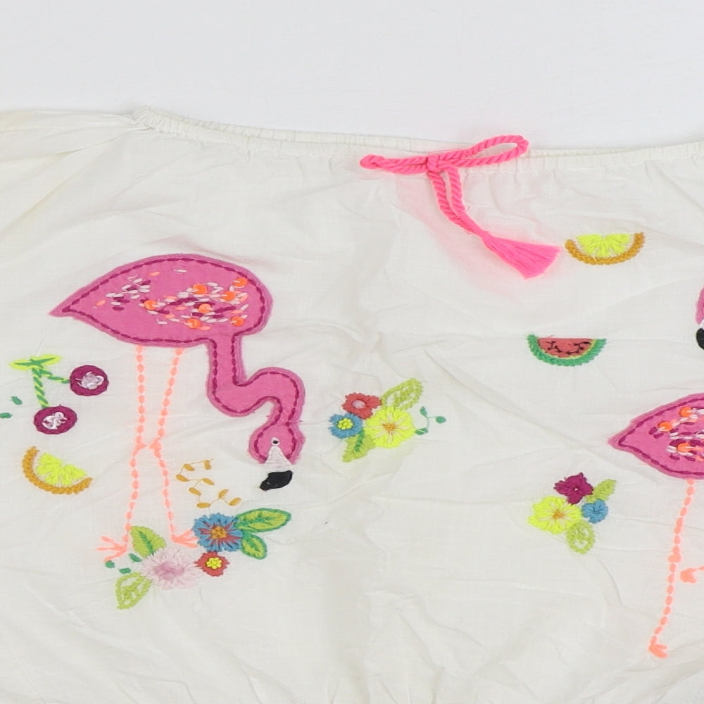 NEXT Girls White 100% Cotton Basic Blouse Size 7 Years Boat Neck Pullover - Flamingo Lace Trim