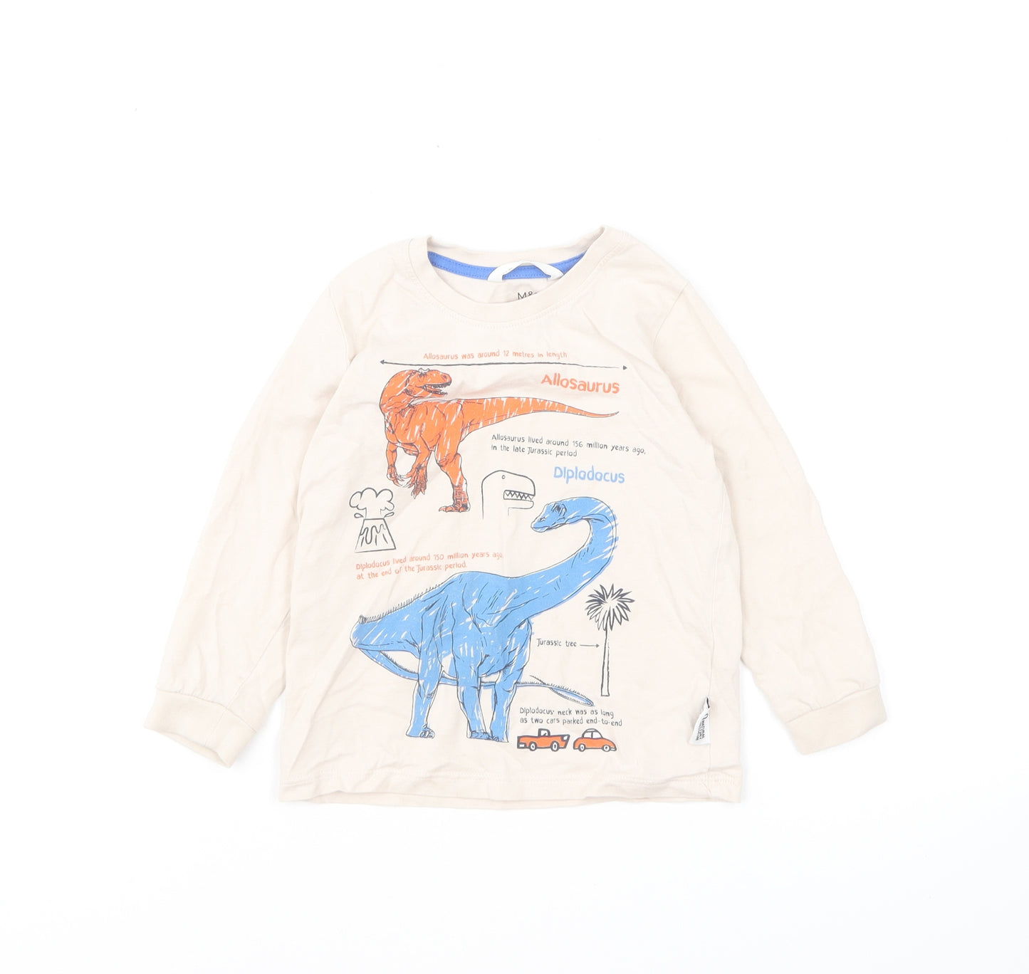 Marks and Spencer Boys Beige Cotton Basic T-Shirt Size 2-3 Years Round Neck Pullover - Dinosaurs