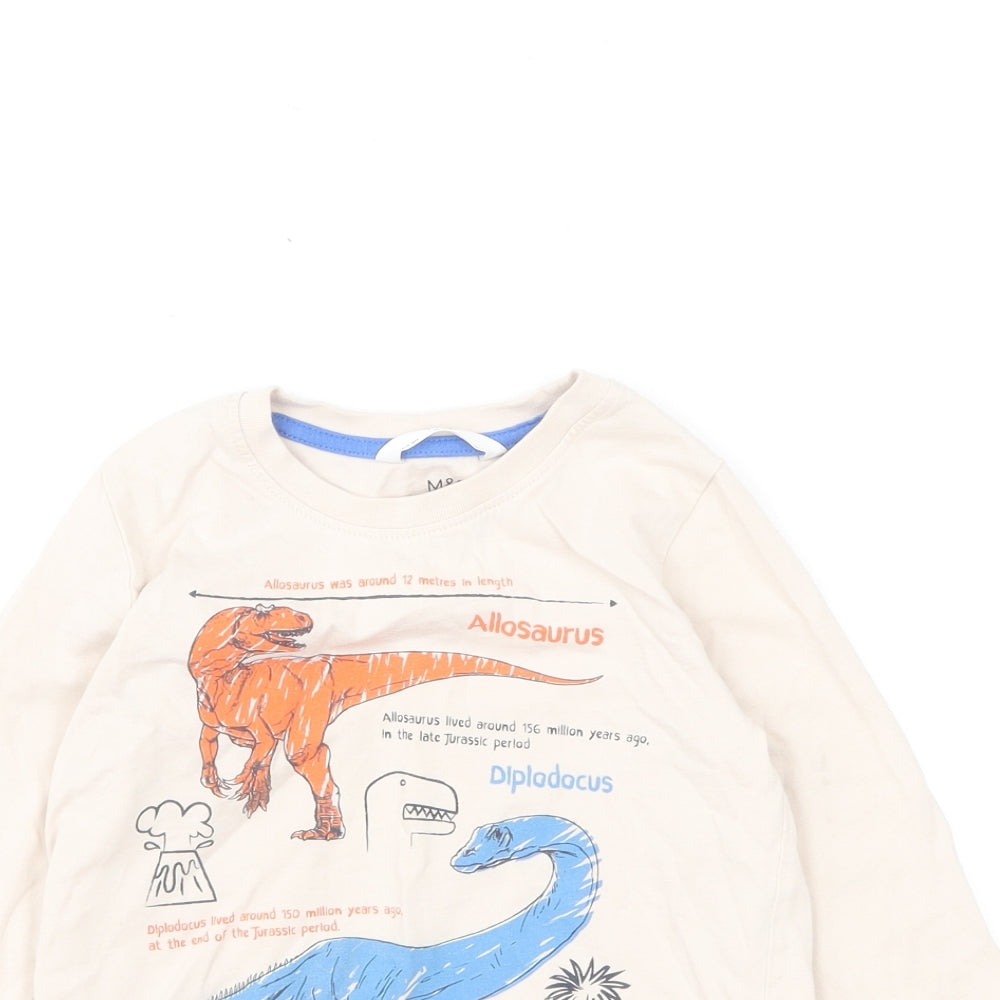Marks and Spencer Boys Beige Cotton Basic T-Shirt Size 2-3 Years Round Neck Pullover - Dinosaurs