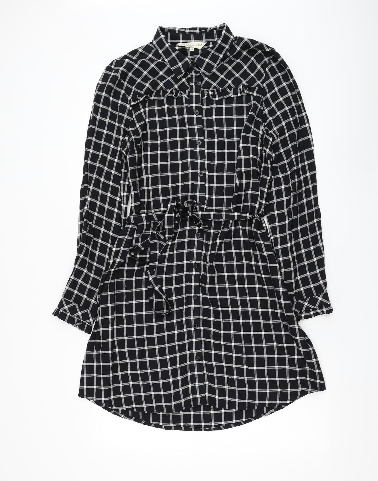 F&F Womens Black Check Viscose Shirt Dress Size 14 Collared Button