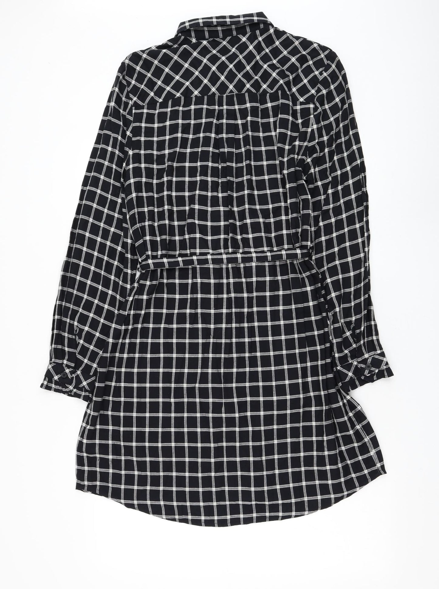 F&F Womens Black Check Viscose Shirt Dress Size 14 Collared Button
