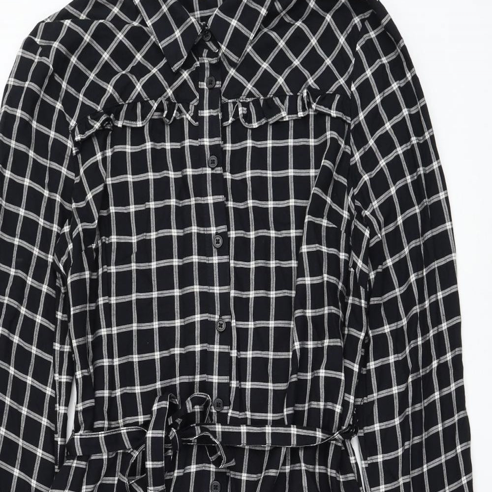 F&F Womens Black Check Viscose Shirt Dress Size 14 Collared Button