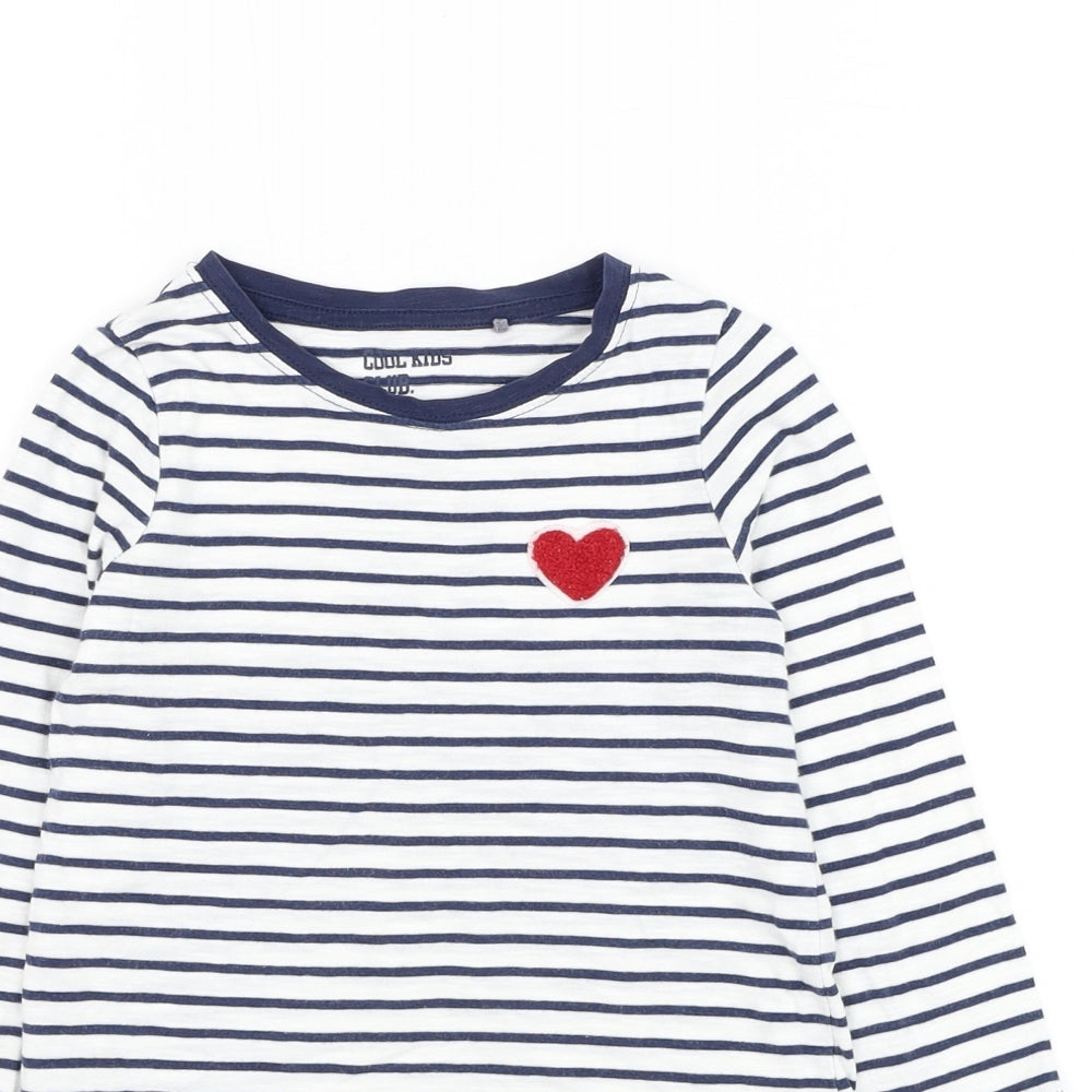 NEXT Girls White Striped Cotton Basic T-Shirt Size 4 Years Round Neck Pullover - Heart