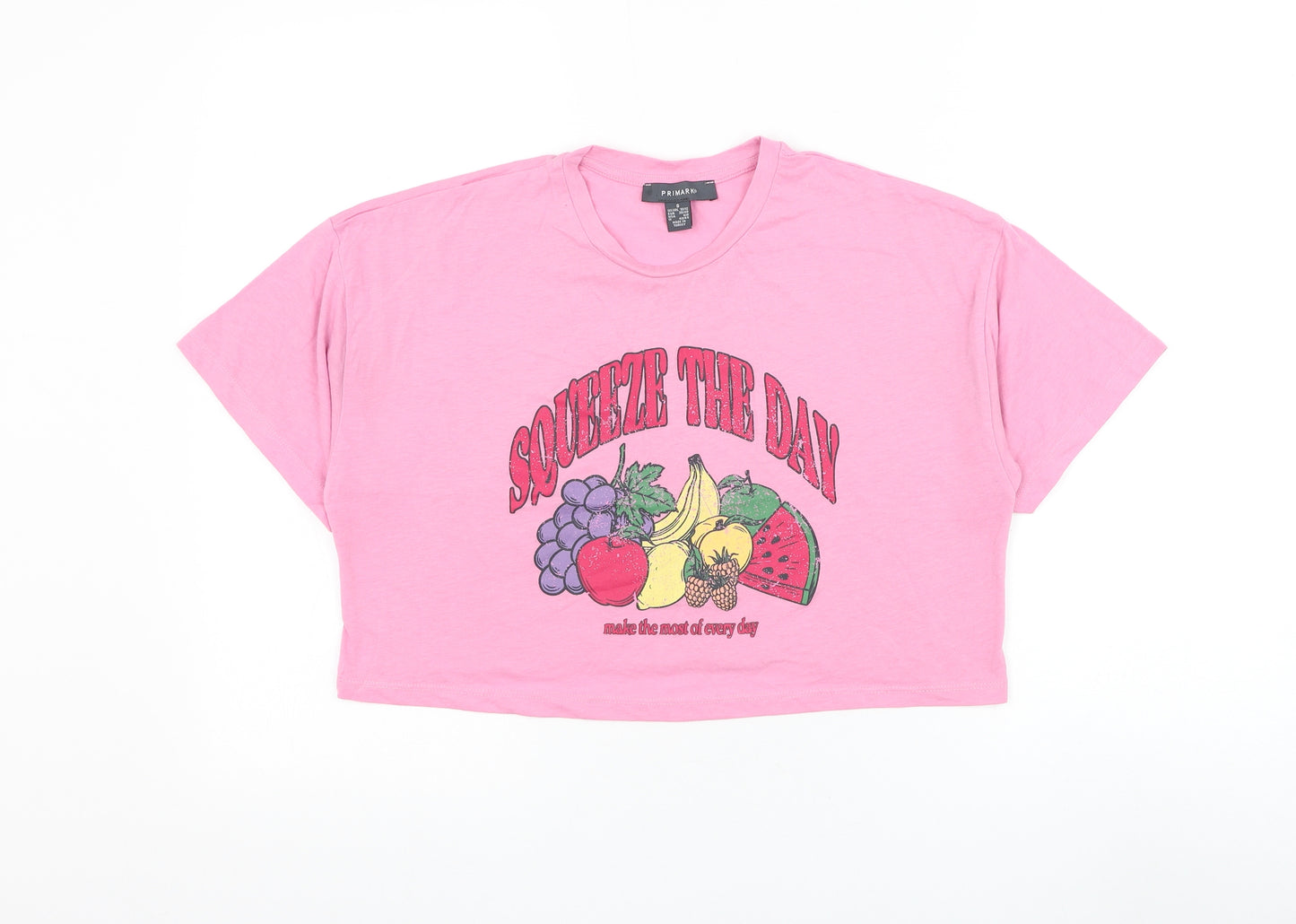 Primark Womens Pink Polyester Cropped T-Shirt Size 10 Round Neck - Squeeze The Day