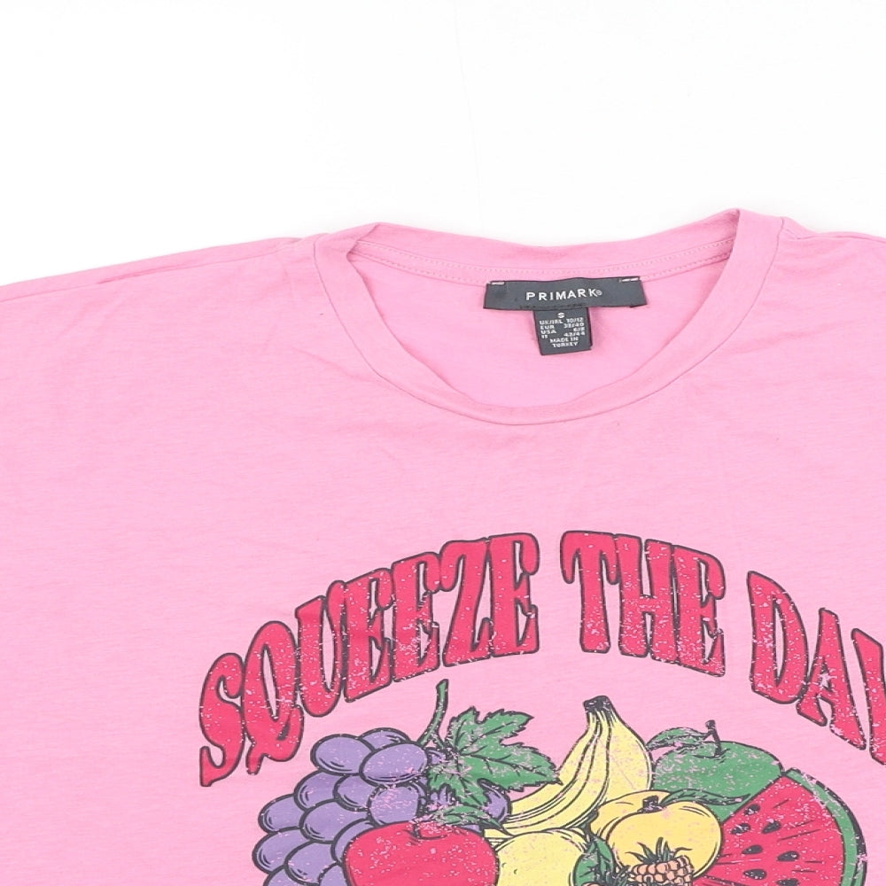 Primark Womens Pink Polyester Cropped T-Shirt Size 10 Round Neck - Squeeze The Day