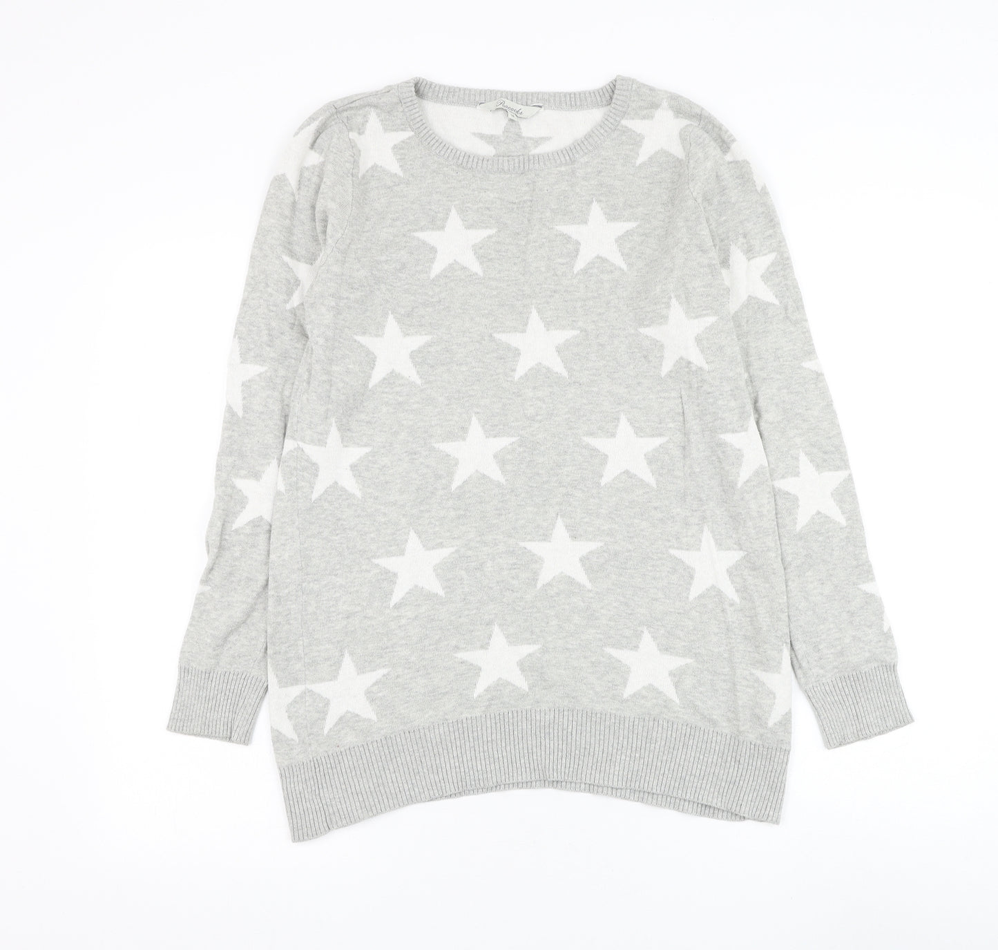 Peacocks Womens Grey Round Neck Geometric Cotton Pullover Jumper Size 14 - Stars
