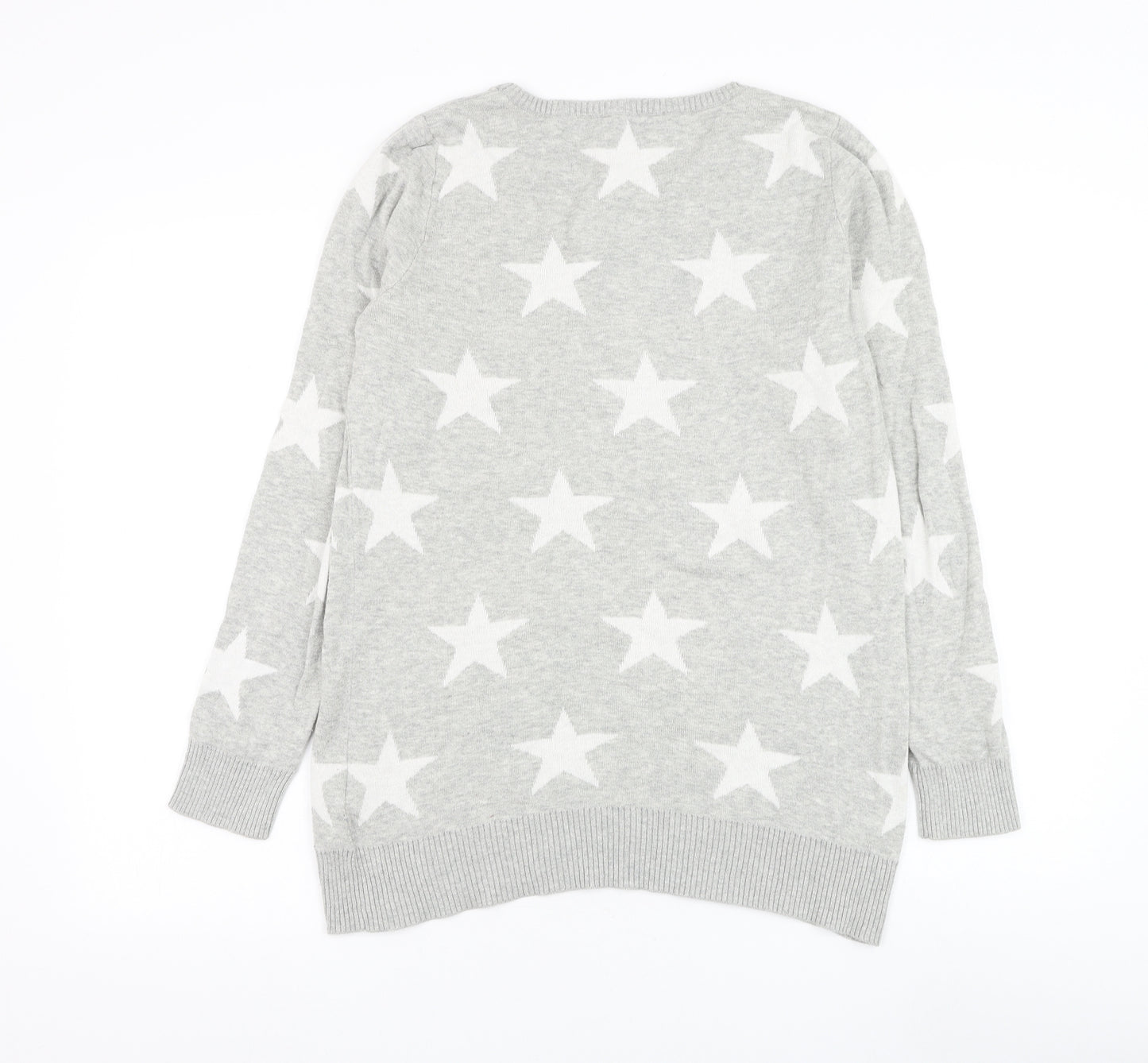 Peacocks Womens Grey Round Neck Geometric Cotton Pullover Jumper Size 14 - Stars