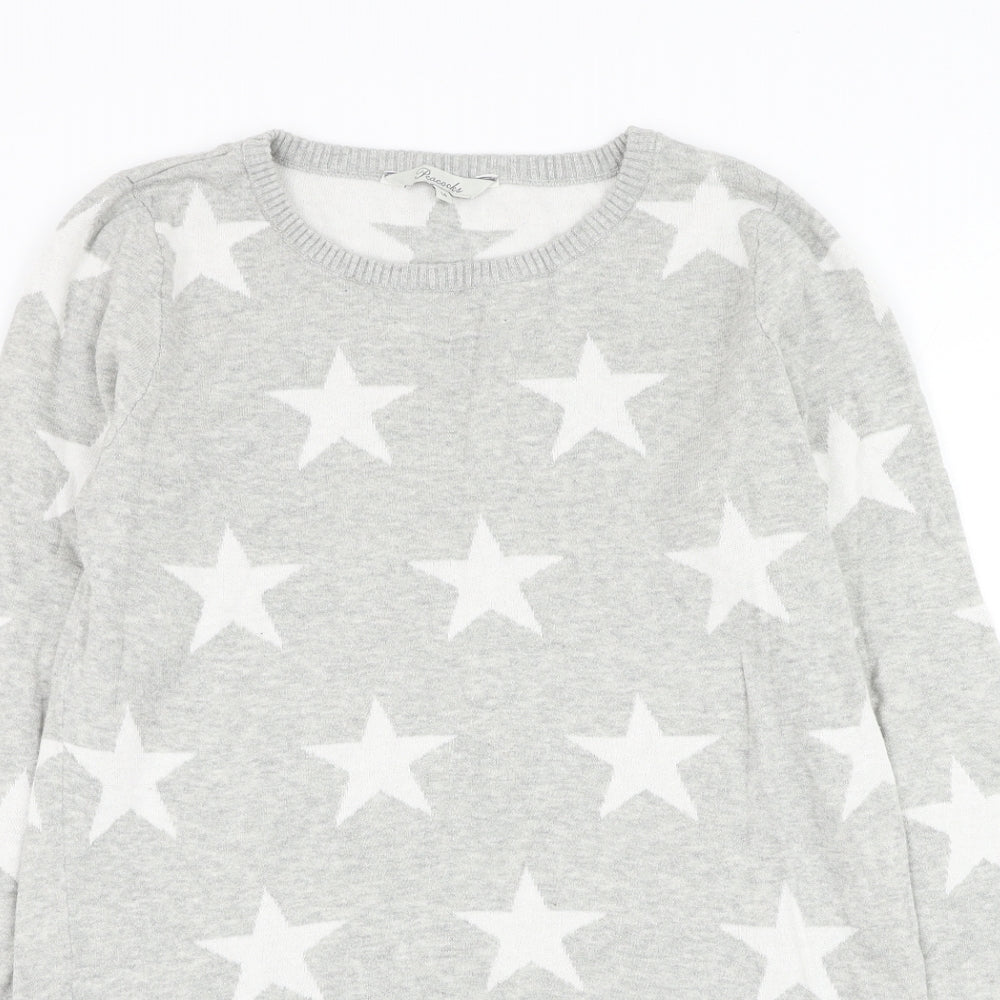 Peacocks Womens Grey Round Neck Geometric Cotton Pullover Jumper Size 14 - Stars