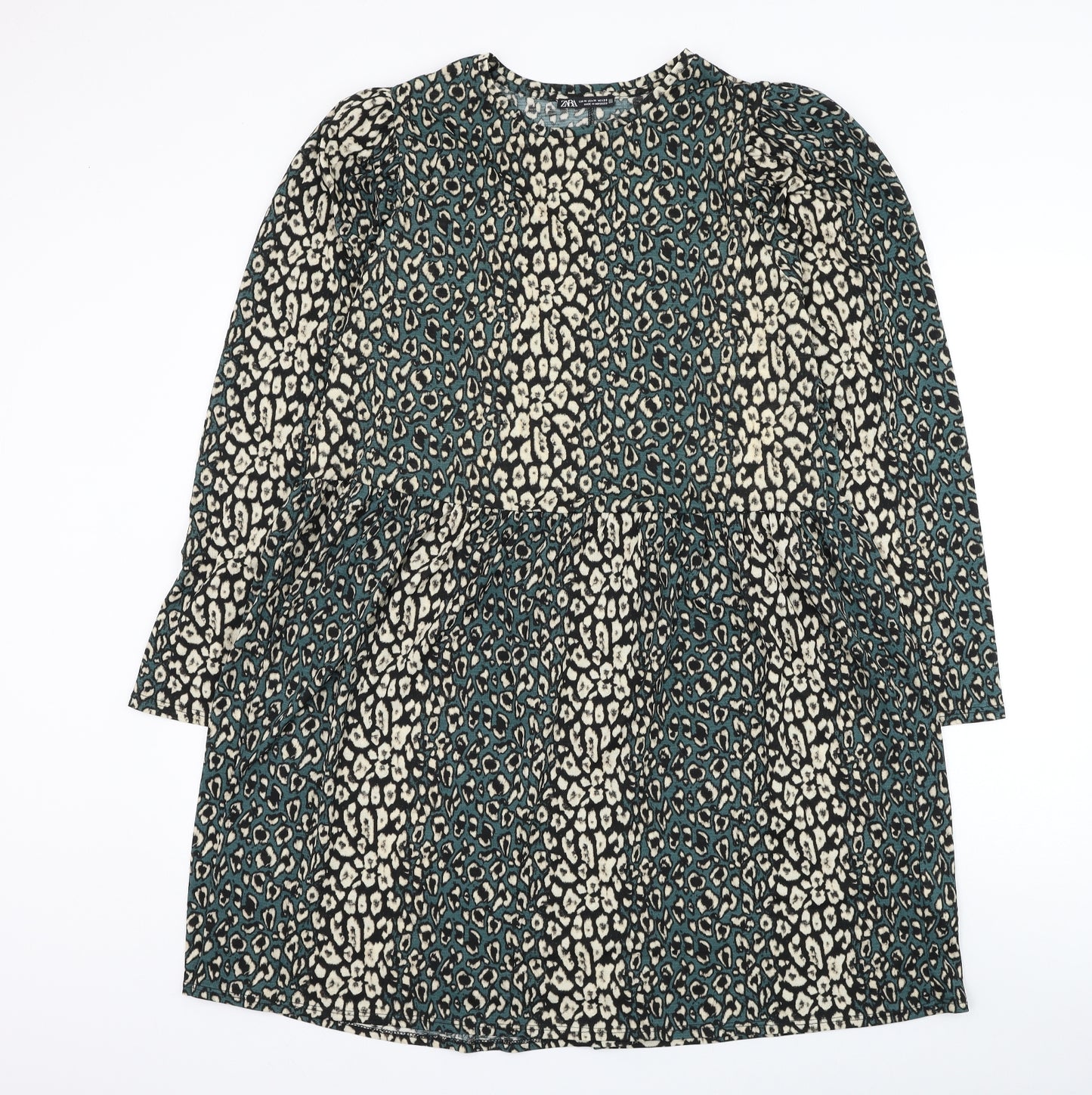 Zara Womens Green Animal Print Polyester Skater Dress Size M Round Neck Pullover - Leopard Print
