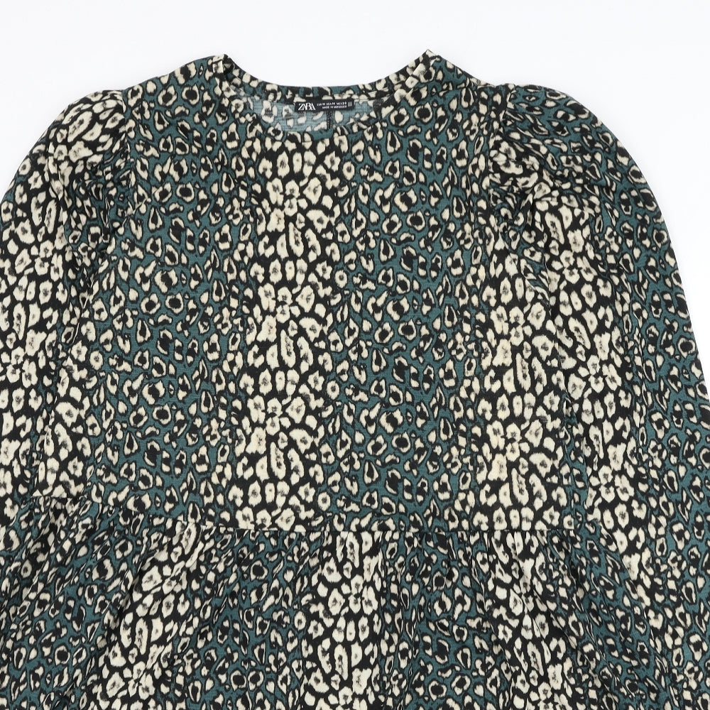 Zara Womens Green Animal Print Polyester Skater Dress Size M Round Neck Pullover - Leopard Print