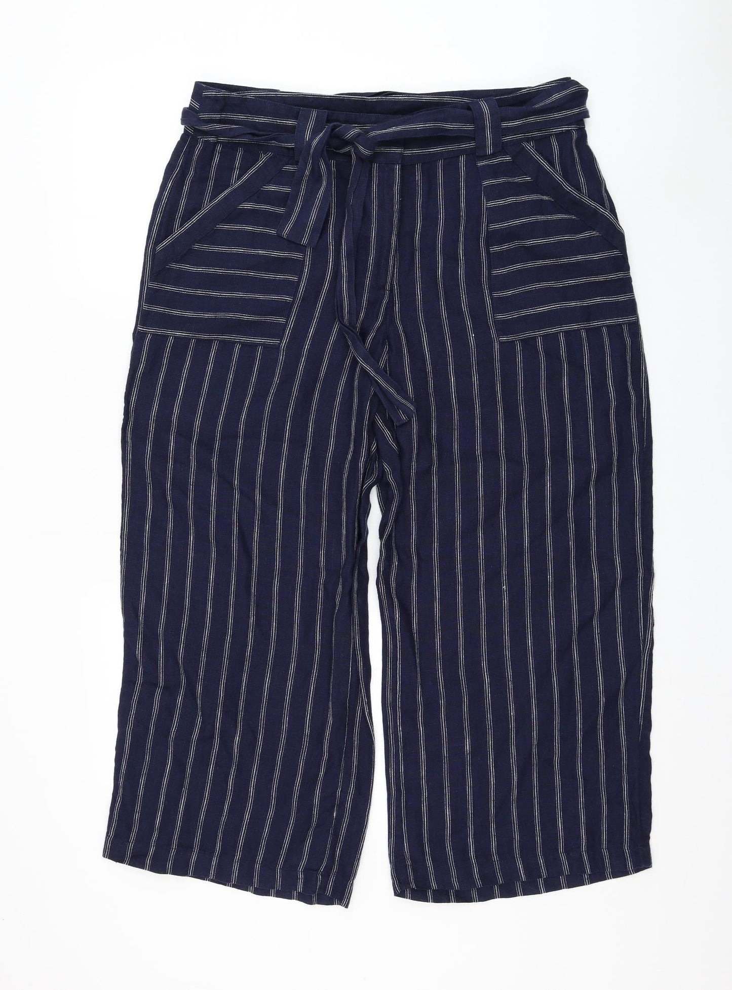 Monsoon Womens Blue Striped Linen Cropped Trousers Size 12 L23 in Regular Tie