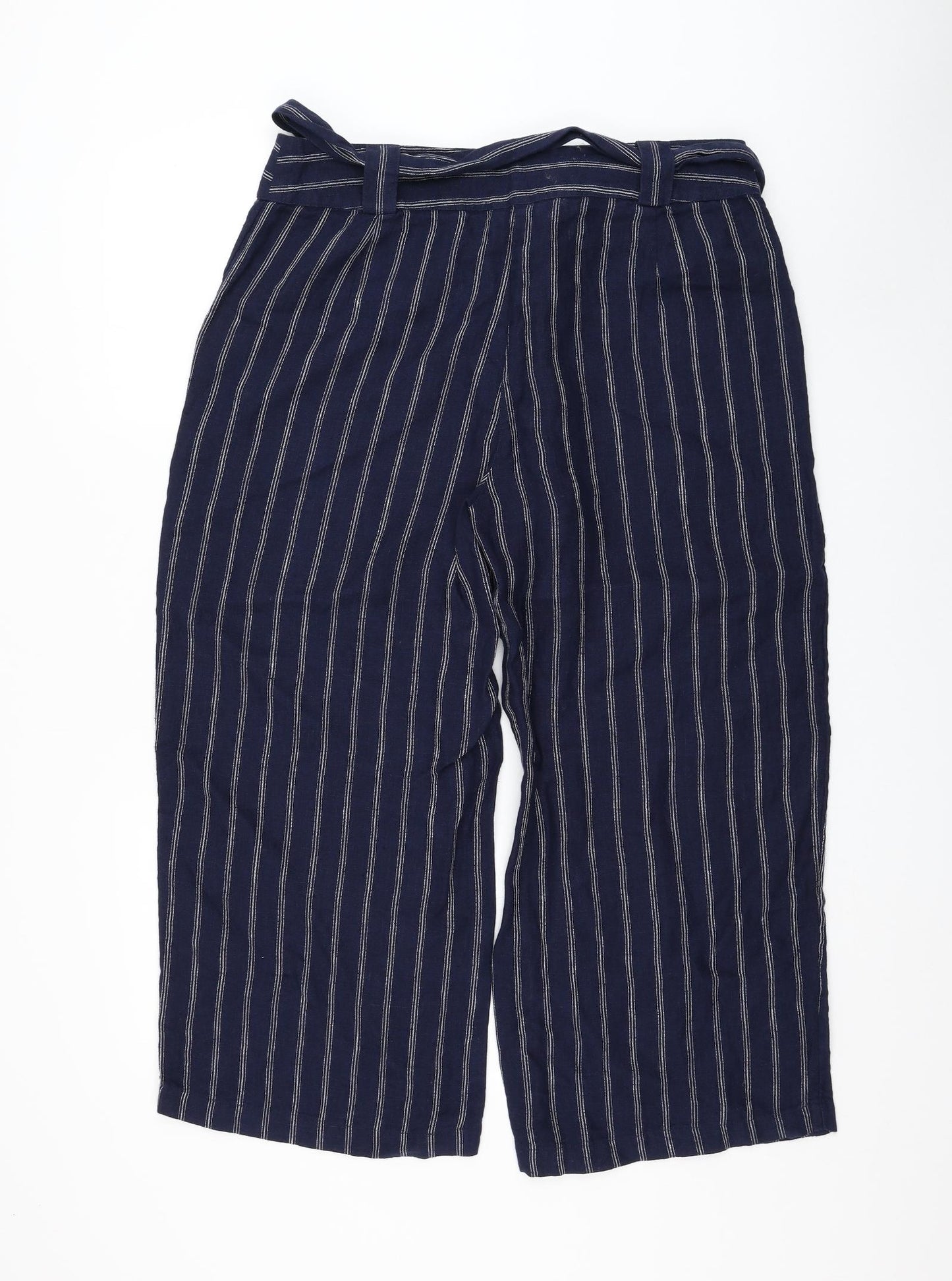 Monsoon Womens Blue Striped Linen Cropped Trousers Size 12 L23 in Regular Tie