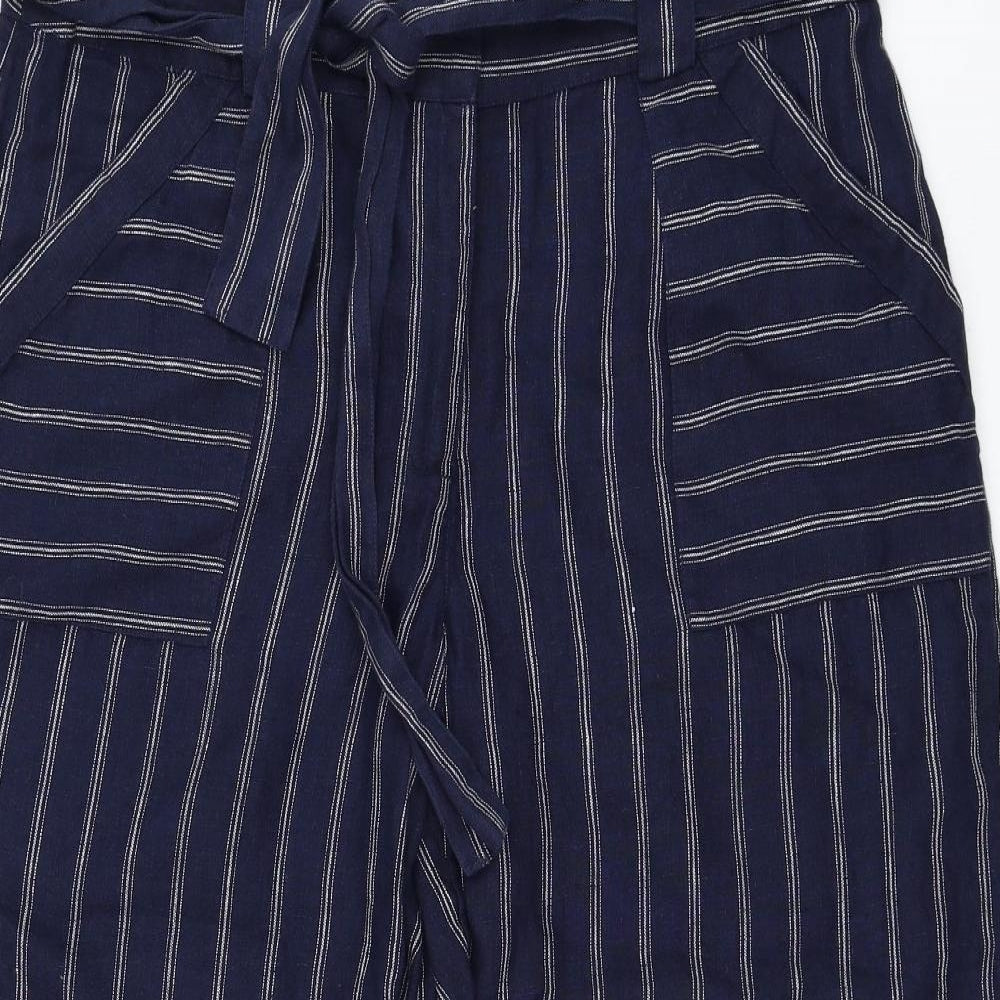 Monsoon Womens Blue Striped Linen Cropped Trousers Size 12 L23 in Regular Tie