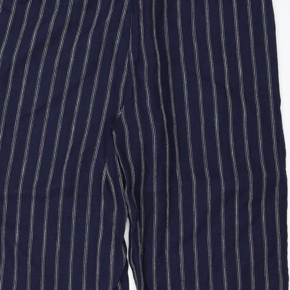 Monsoon Womens Blue Striped Linen Cropped Trousers Size 12 L23 in Regular Tie