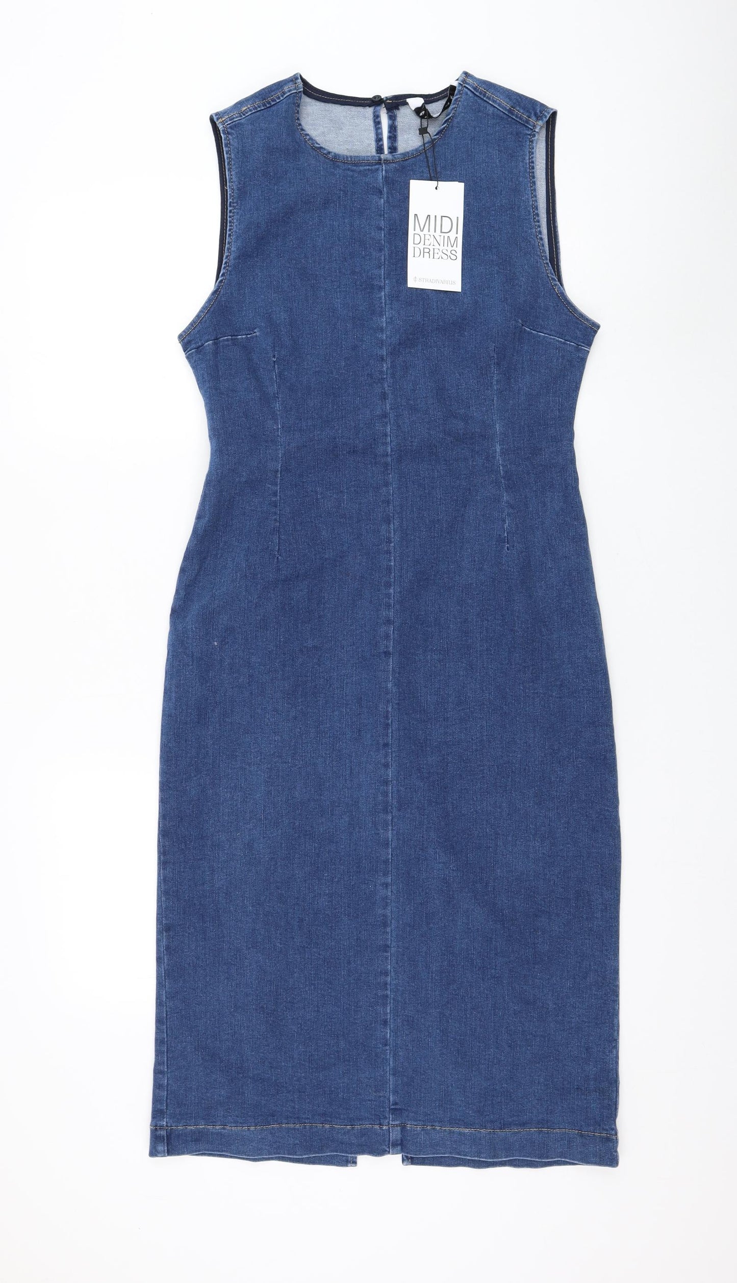 Stradivarius Womens Blue Cotton Pencil Dress Size XL Round Neck Button
