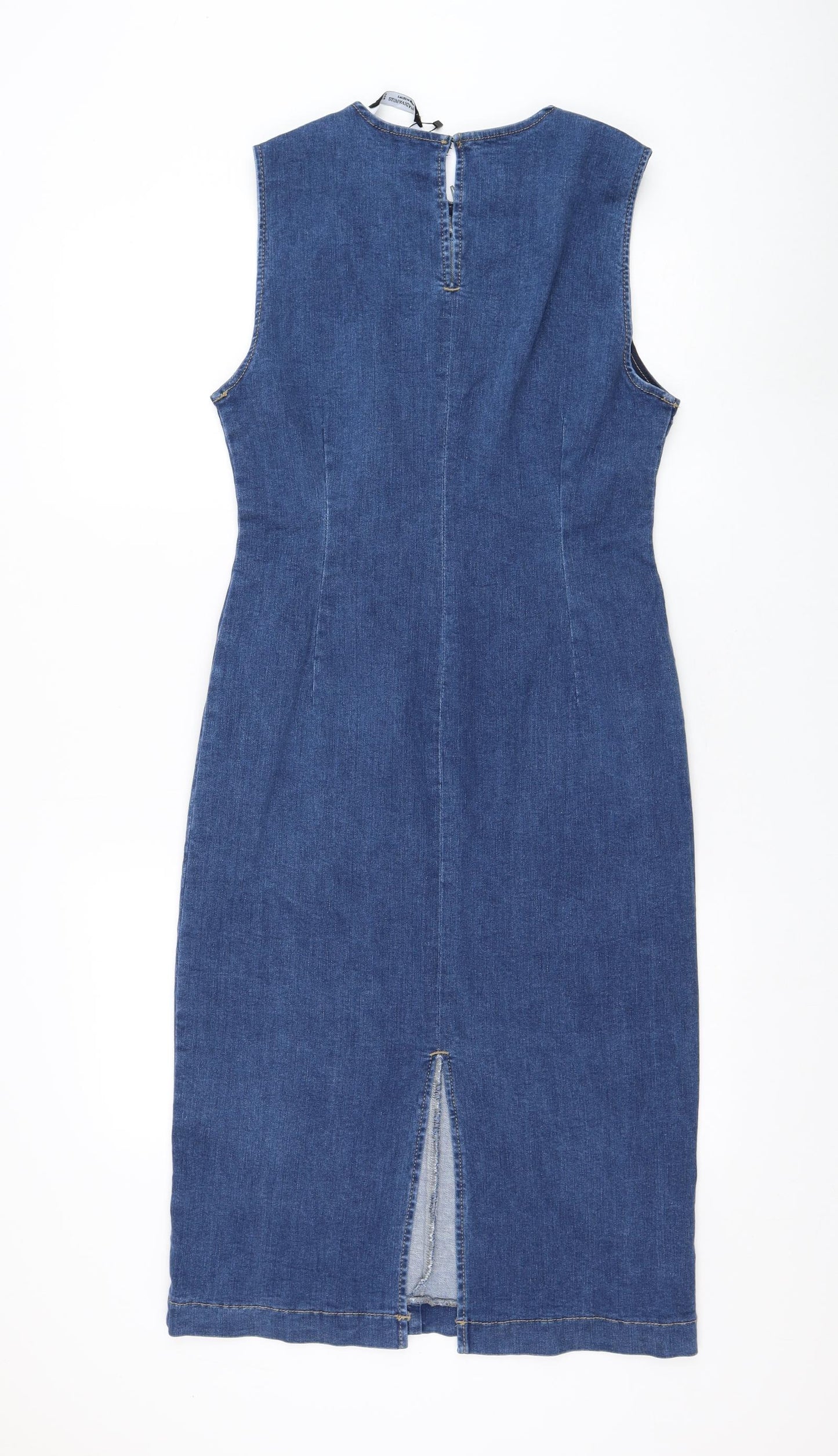 Stradivarius Womens Blue Cotton Pencil Dress Size XL Round Neck Button
