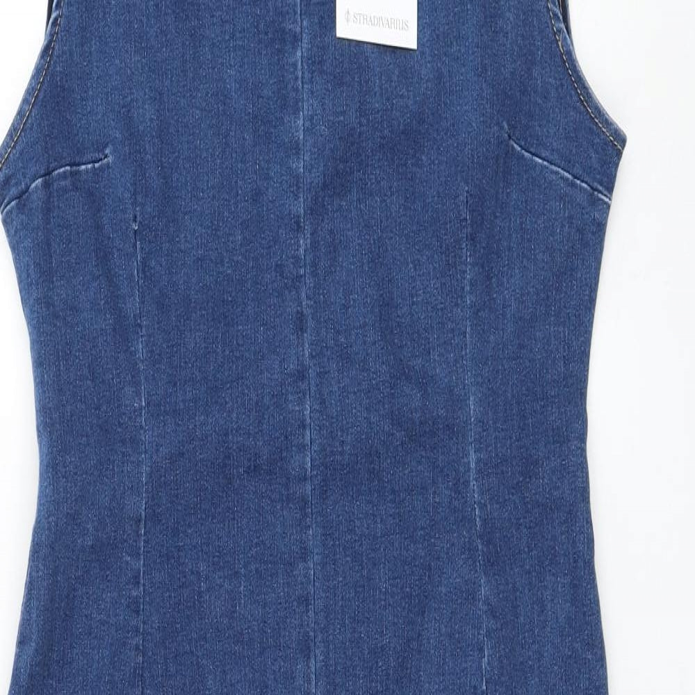 Stradivarius Womens Blue Cotton Pencil Dress Size XL Round Neck Button