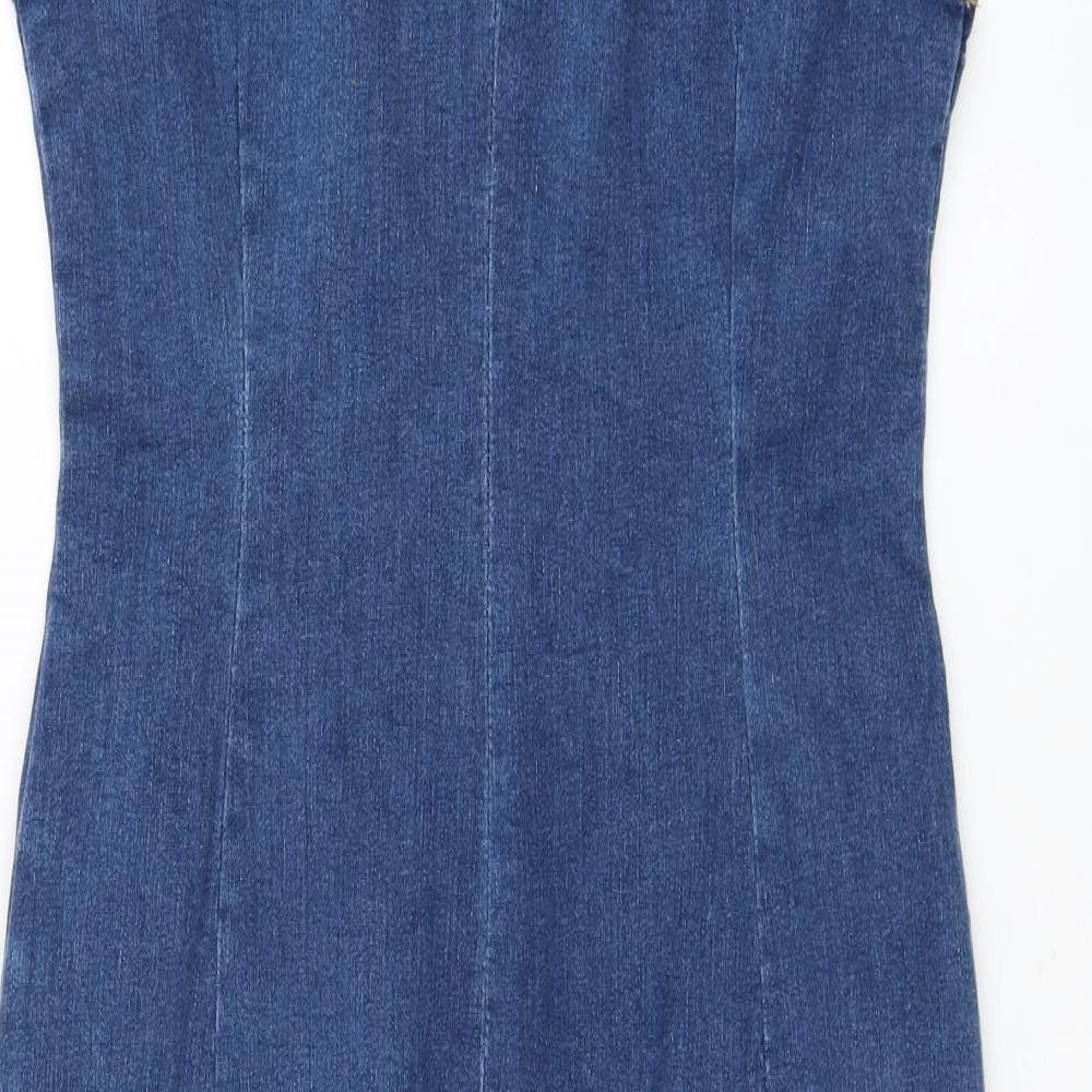 Stradivarius Womens Blue Cotton Pencil Dress Size XL Round Neck Button