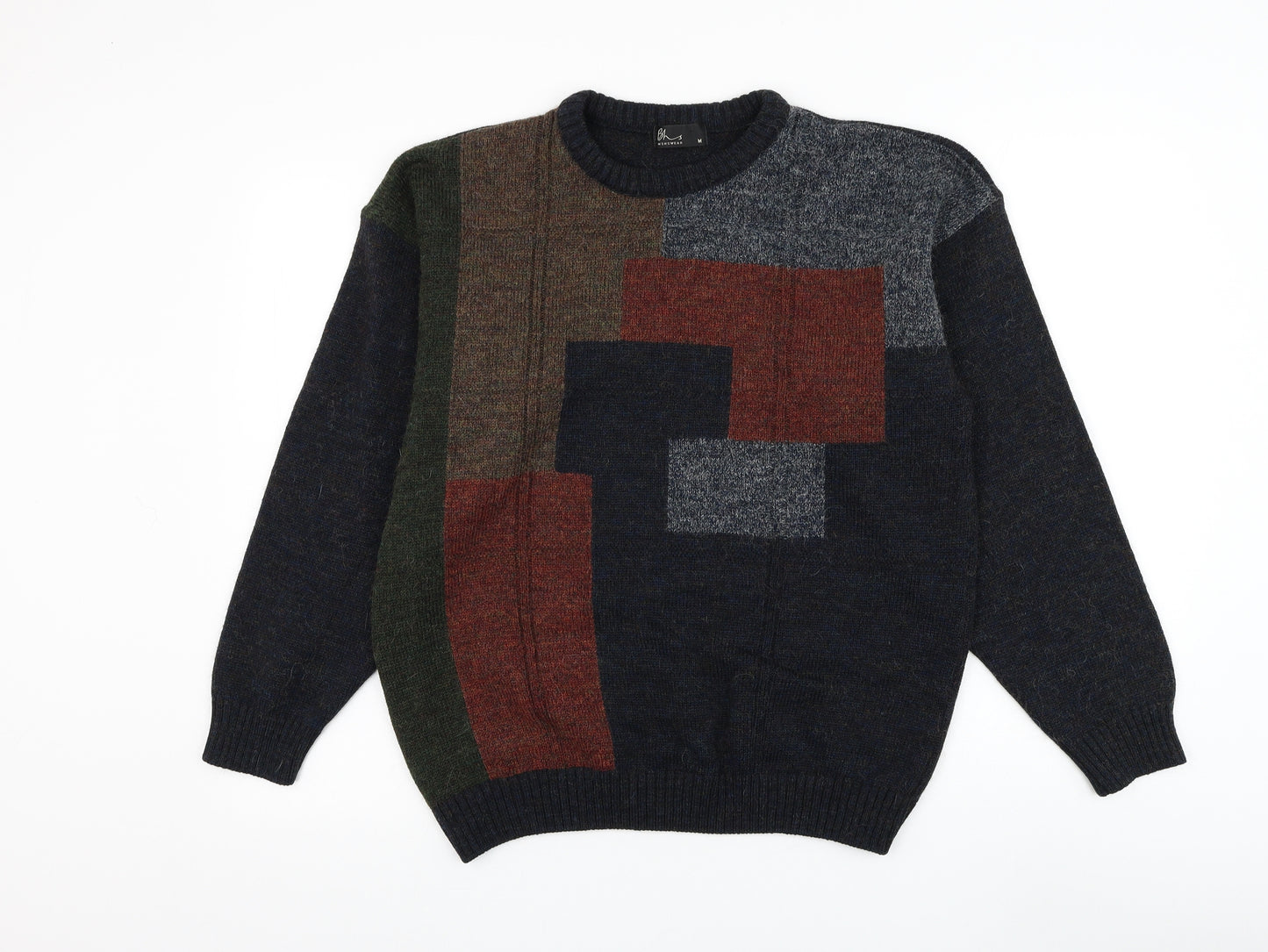BHS Mens Multicoloured Round Neck Acrylic Pullover Jumper Size M - Colourblock