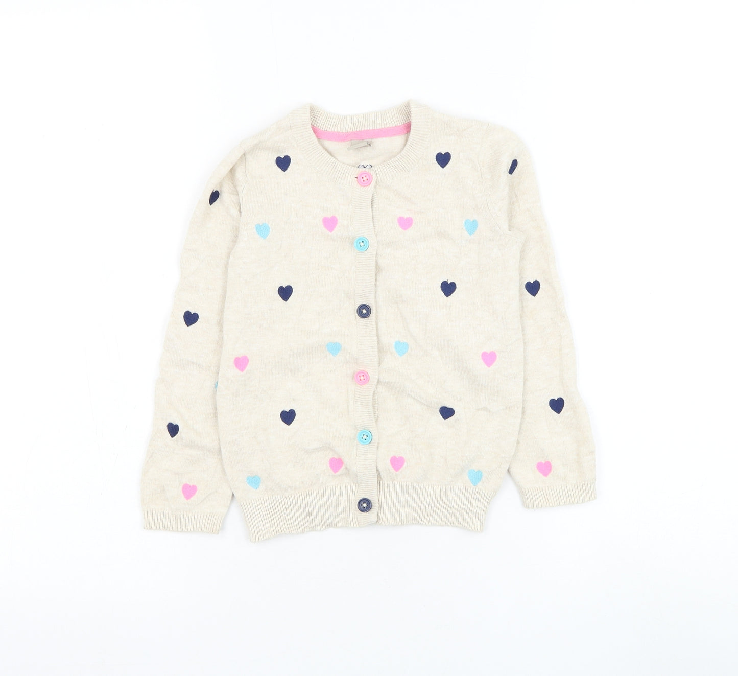 TU Girls Beige Round Neck Geometric Cotton Cardigan Jumper Size 4-5 Years Button - Heart