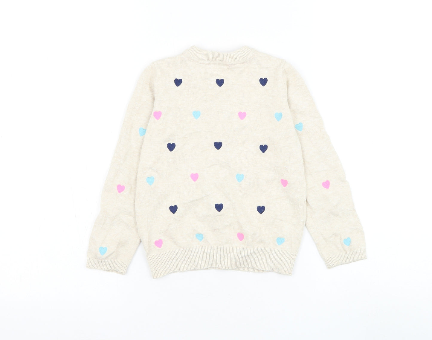 TU Girls Beige Round Neck Geometric Cotton Cardigan Jumper Size 4-5 Years Button - Heart