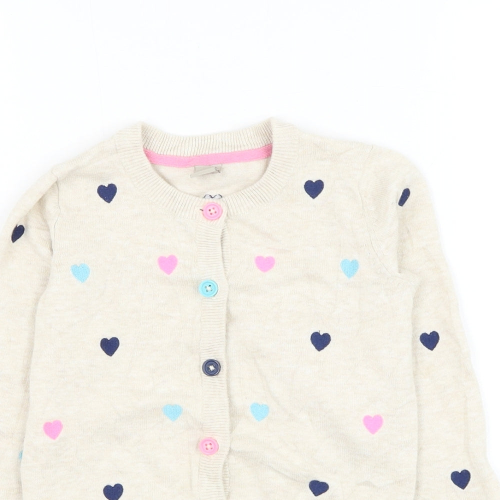 TU Girls Beige Round Neck Geometric Cotton Cardigan Jumper Size 4-5 Years Button - Heart