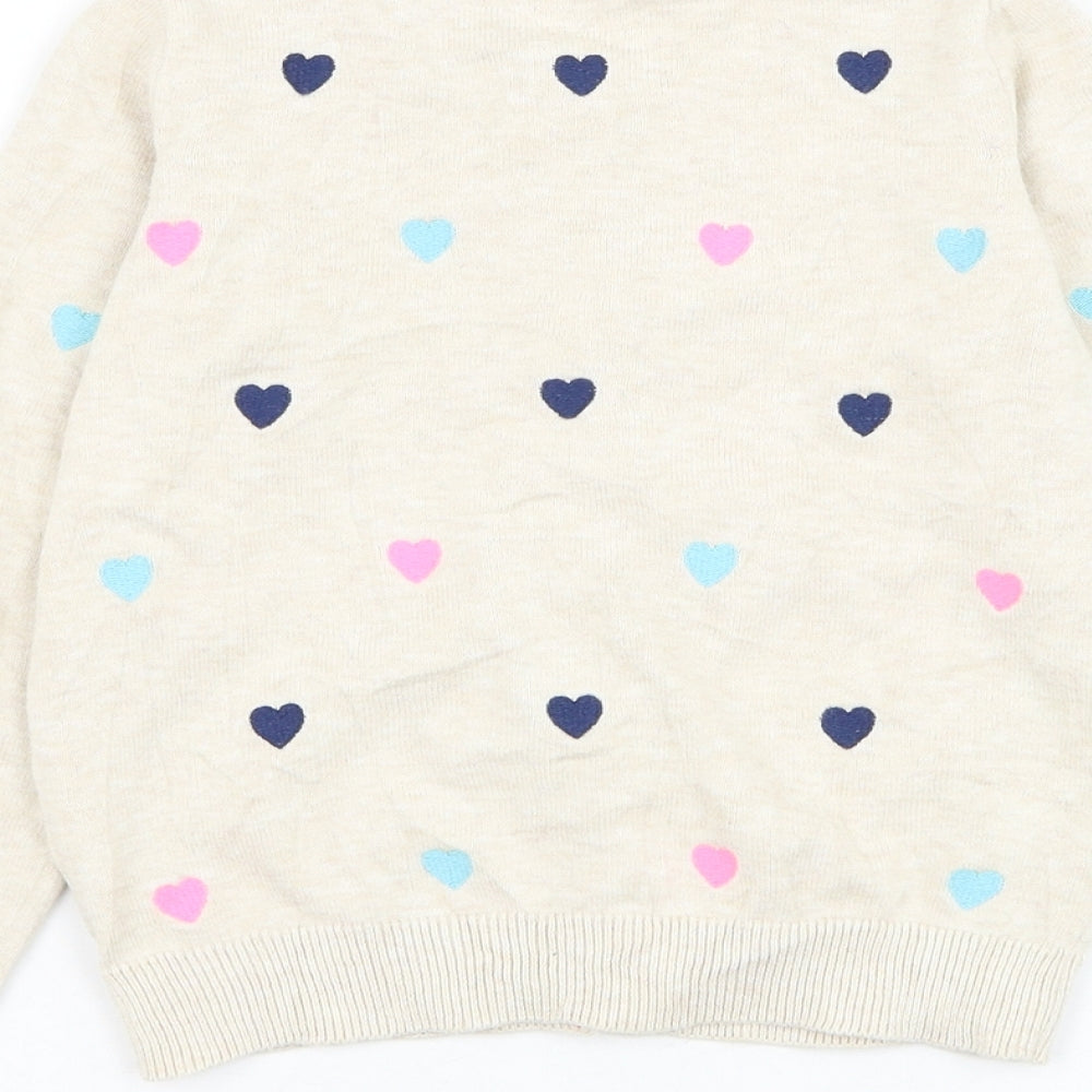 TU Girls Beige Round Neck Geometric Cotton Cardigan Jumper Size 4-5 Years Button - Heart