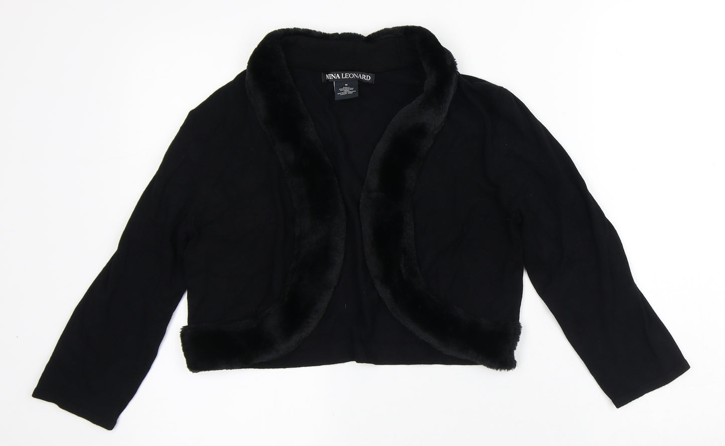 Nina Leonard Womens Black V-Neck Viscose Cardigan Jumper Size M - Faux Fur Collar