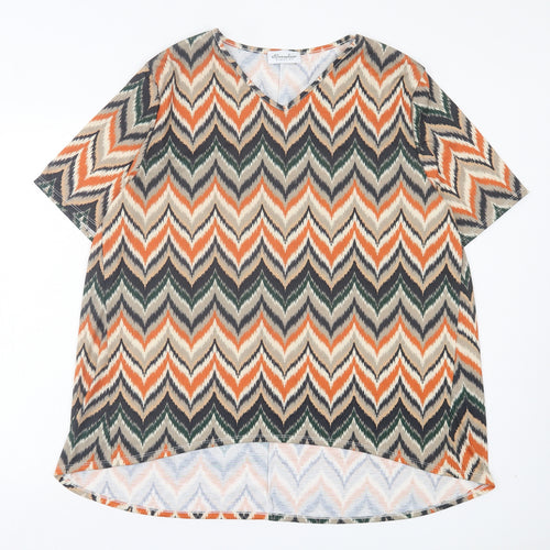 Emilia Classics Womens Orange Geometric Polyester Basic T-Shirt Size L V-Neck