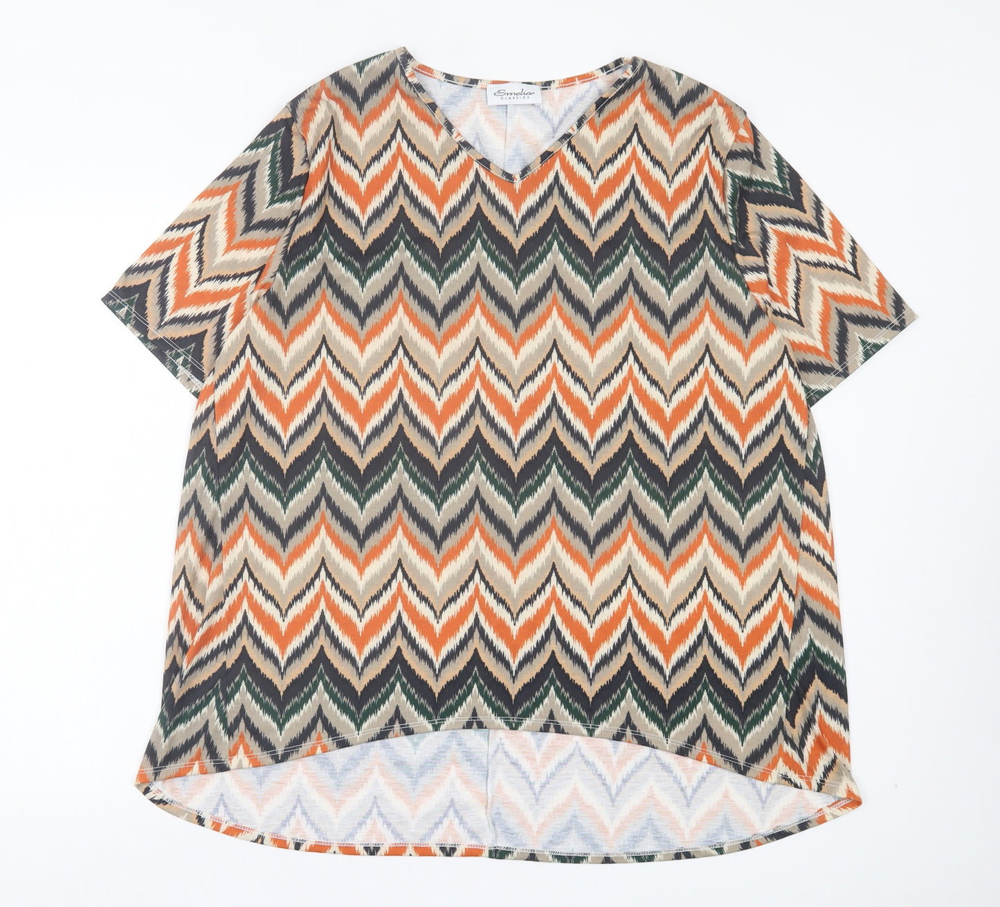 Emilia Classics Womens Orange Geometric Polyester Basic T-Shirt Size L V-Neck