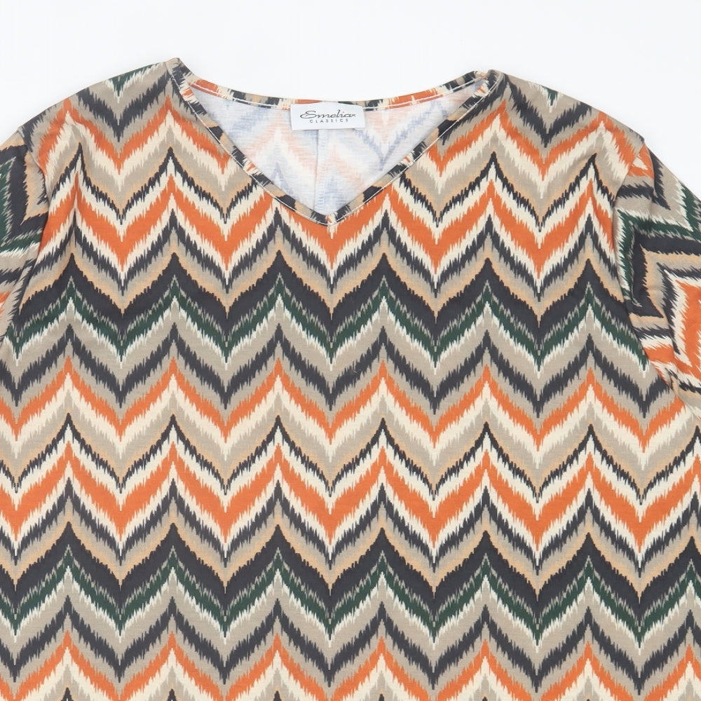 Emilia Classics Womens Orange Geometric Polyester Basic T-Shirt Size L V-Neck