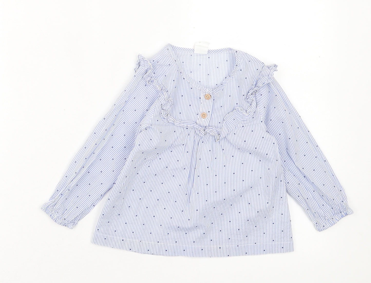 H&M Girls Blue Striped Cotton Basic Casual Size 2 Years Crew Neck Button - Frill Detail