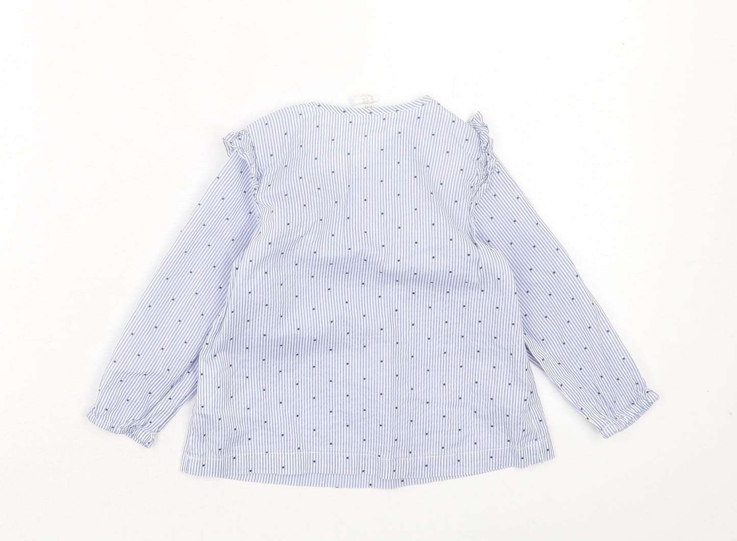 H&M Girls Blue Striped Cotton Basic Casual Size 2 Years Crew Neck Button - Frill Detail