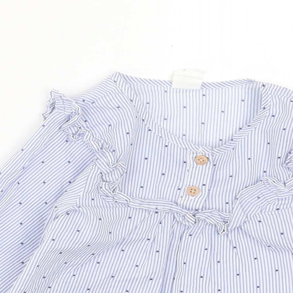 H&M Girls Blue Striped Cotton Basic Casual Size 2 Years Crew Neck Button - Frill Detail