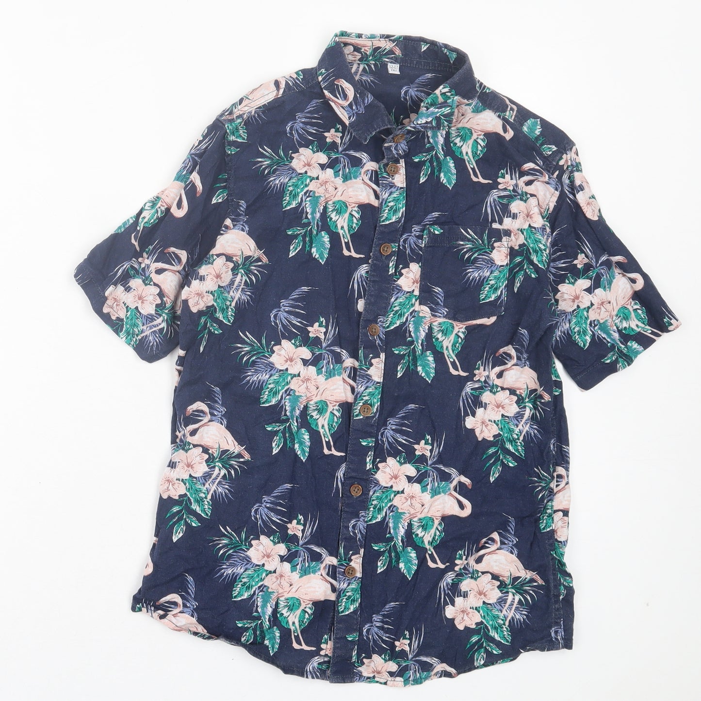 Marks and Spencer Boys Blue Floral Linen Basic Button-Up Size 12-13 Years Collared Button