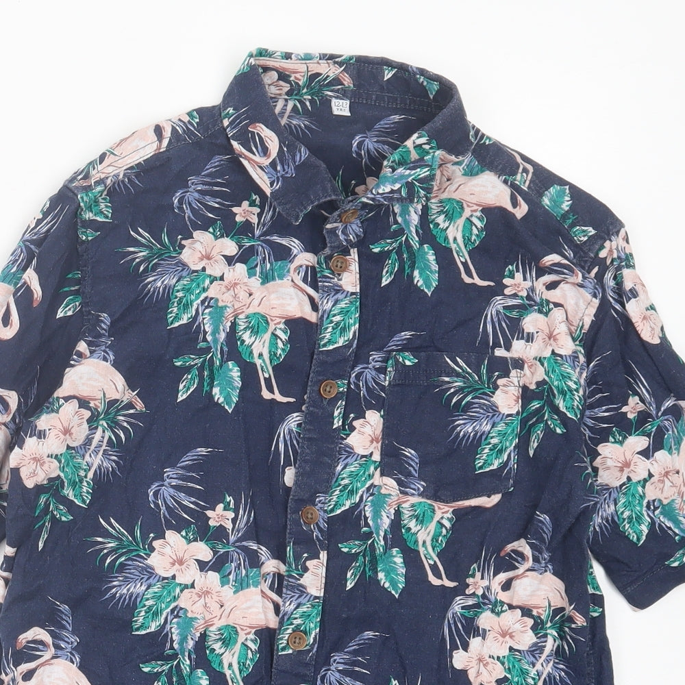 Marks and Spencer Boys Blue Floral Linen Basic Button-Up Size 12-13 Years Collared Button