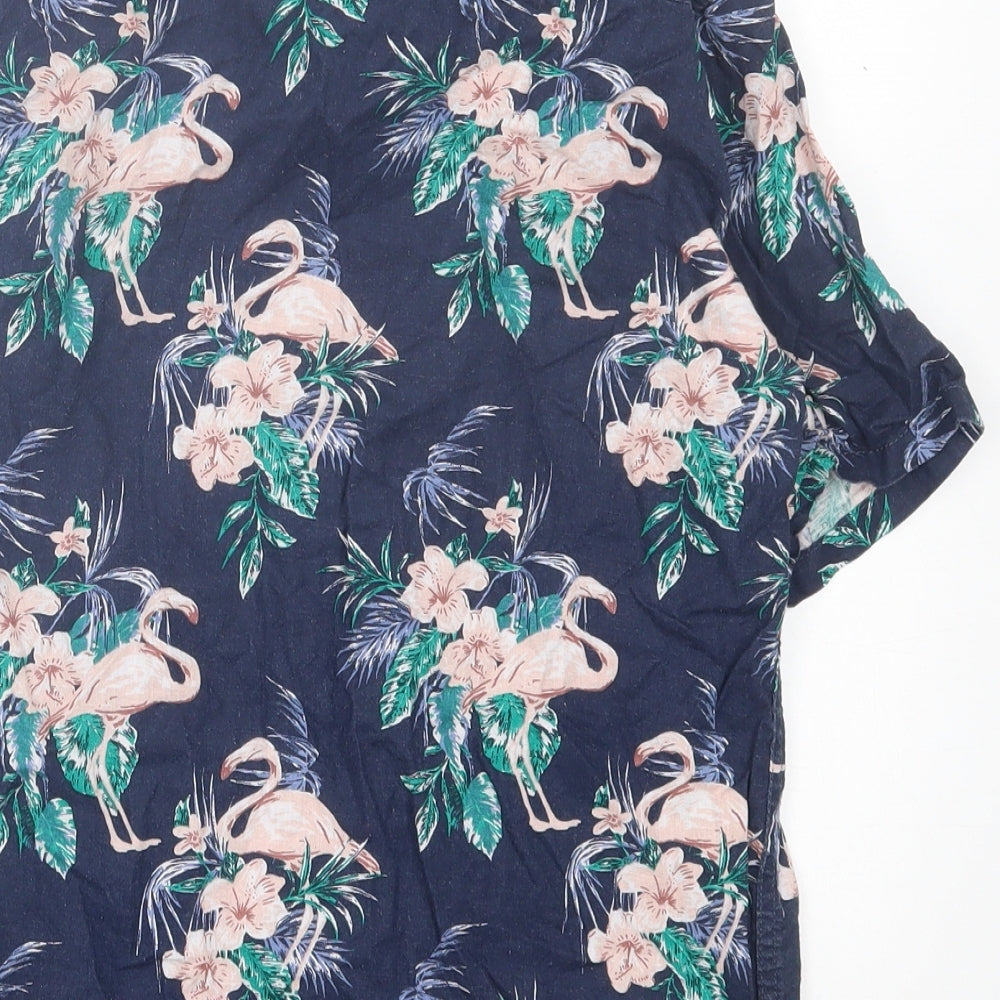 Marks and Spencer Boys Blue Floral Linen Basic Button-Up Size 12-13 Years Collared Button
