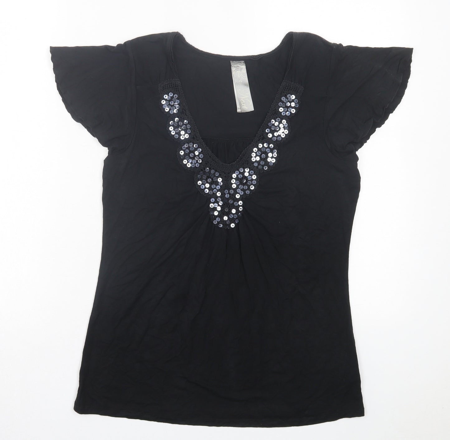 NEXT Womens Black Viscose Basic T-Shirt Size 12 V-Neck - Frill Sleeves