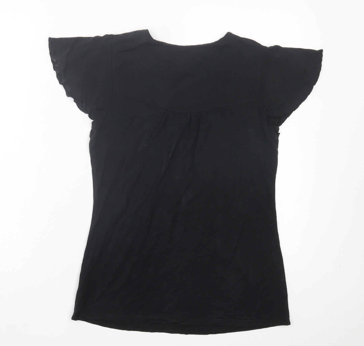 NEXT Womens Black Viscose Basic T-Shirt Size 12 V-Neck - Frill Sleeves