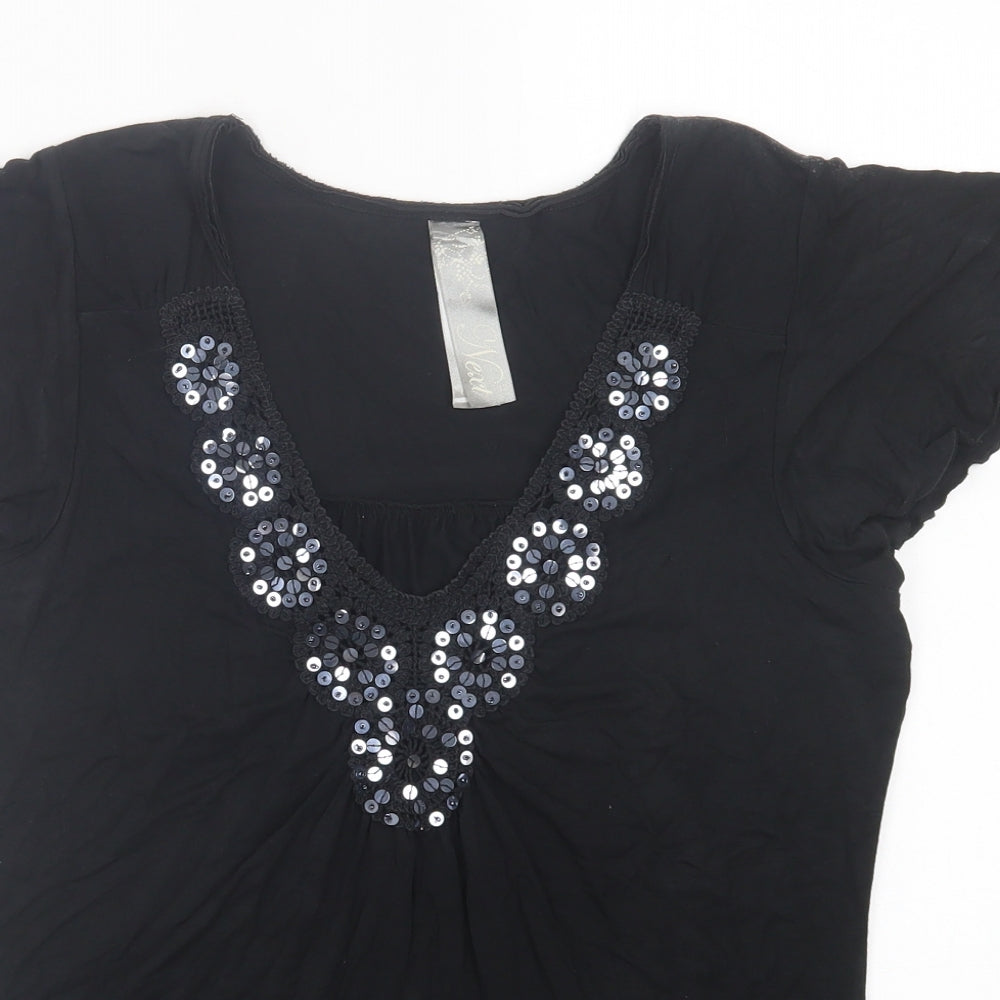 NEXT Womens Black Viscose Basic T-Shirt Size 12 V-Neck - Frill Sleeves
