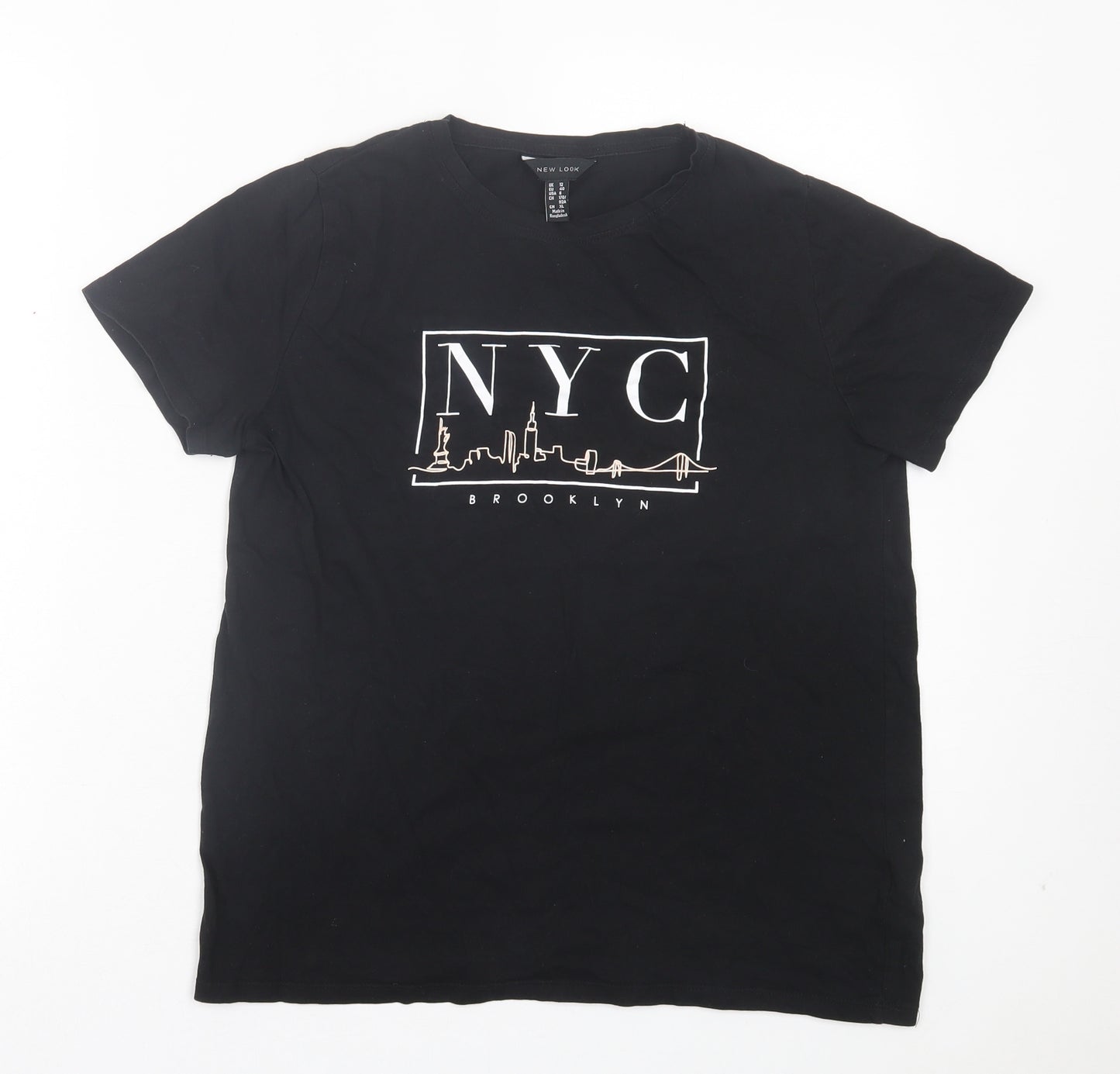 New Look Womens Black Cotton Basic T-Shirt Size 12 Crew Neck - NYC