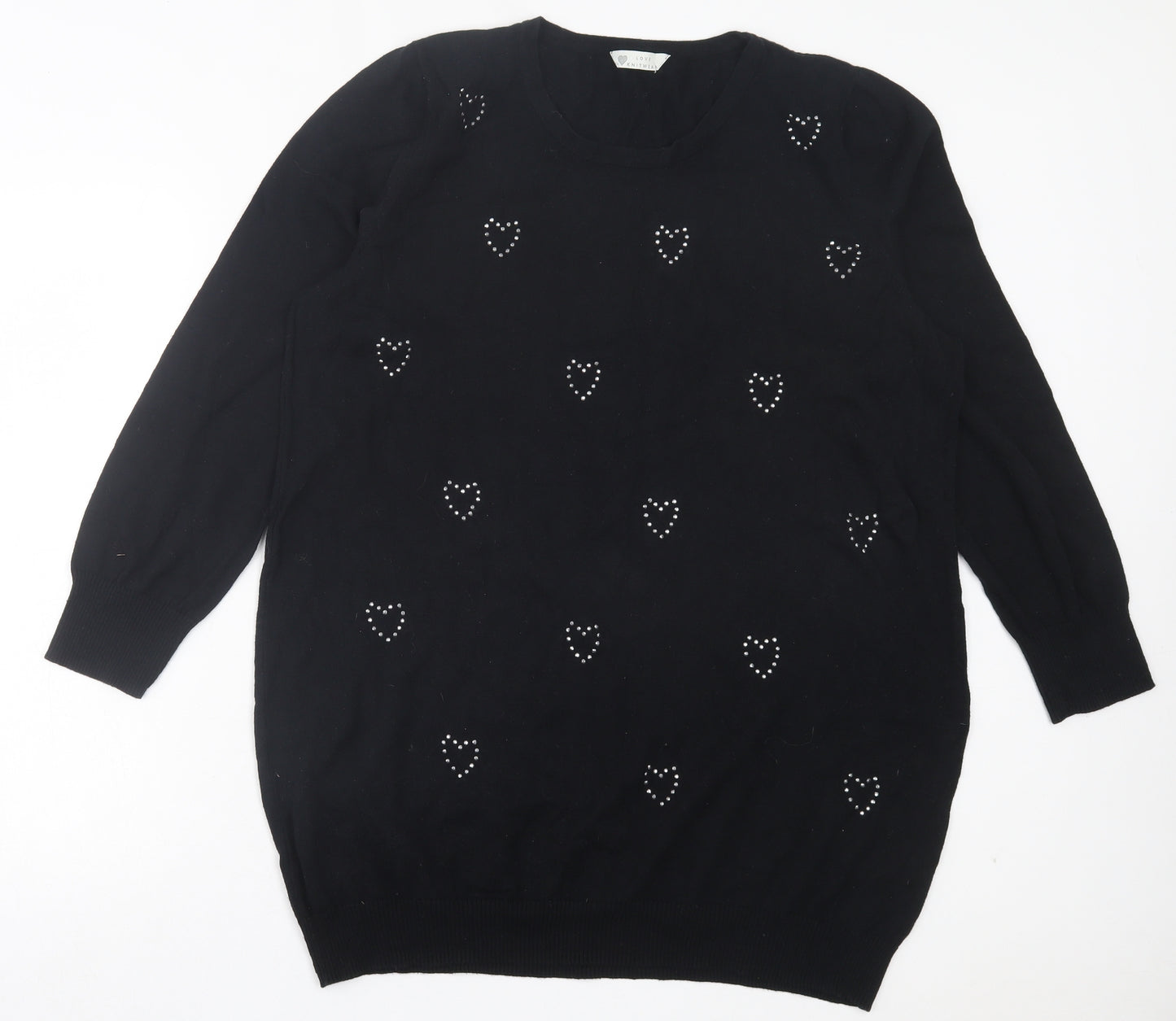 BHS Womens Black Crew Neck Geometric Cotton Pullover Jumper Size 22 - Heart Print