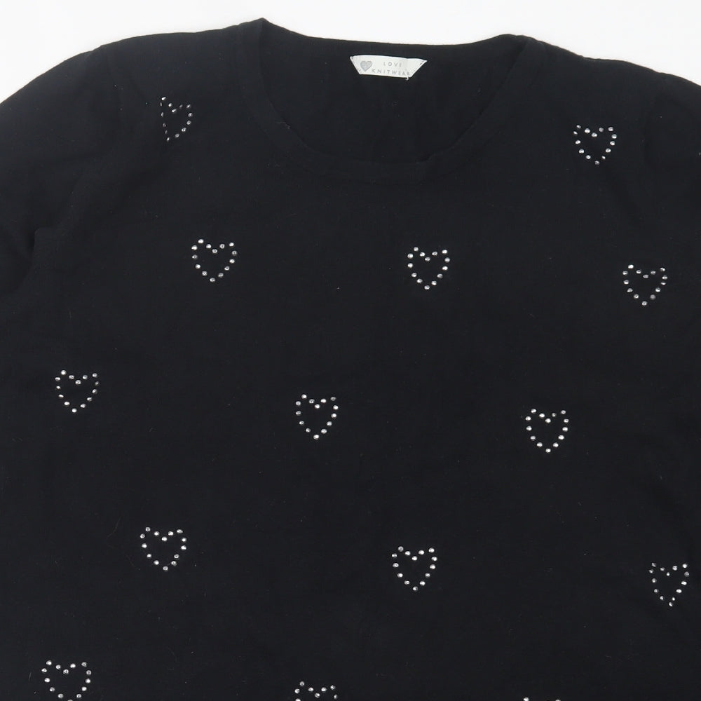 BHS Womens Black Crew Neck Geometric Cotton Pullover Jumper Size 22 - Heart Print
