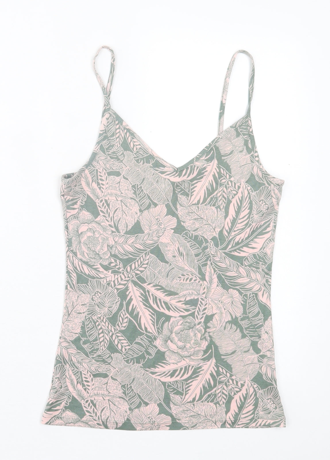 TU Womens Green Floral Cotton Basic Tank Size 12 V-Neck